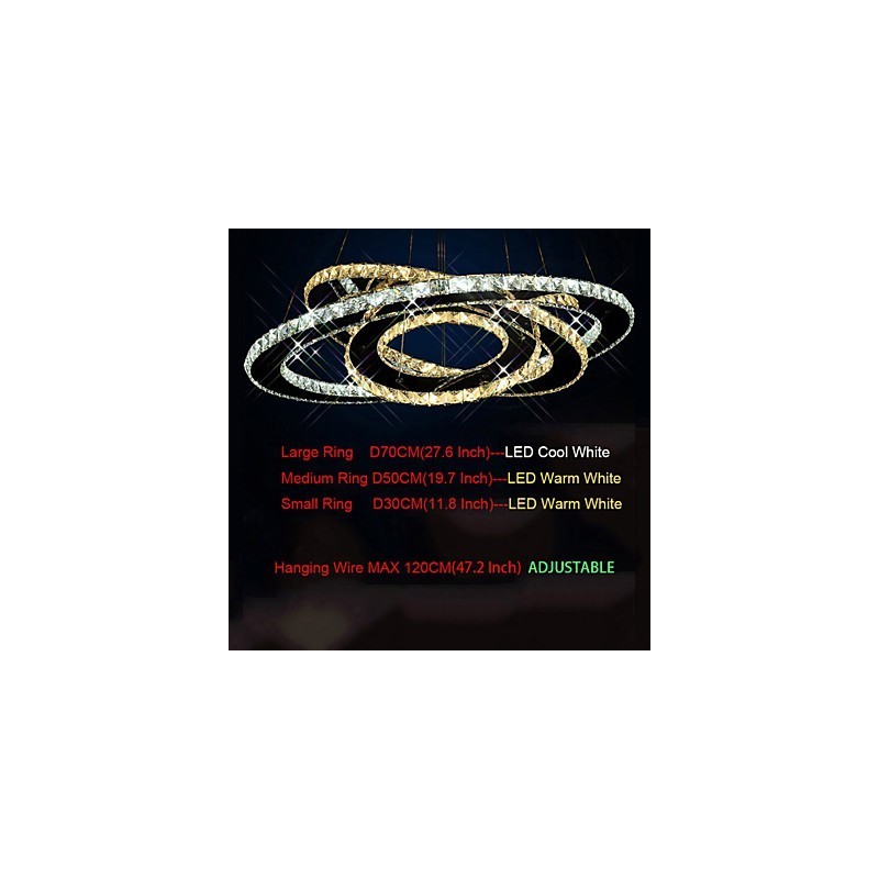 Křišťálové závěsné stropní lustrové svítidlo s teplou a studenou bílou 3 kroužky