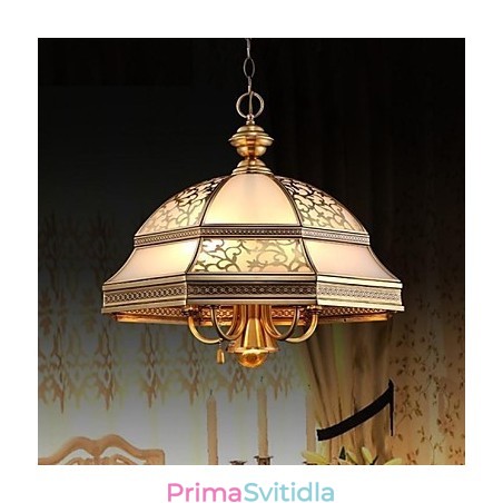 Mosazná závěsná lampa Šest světel Vintage Total Měděné sklo Mosazná závěsná lampa Šest světel Vintage Total Měděné sklo