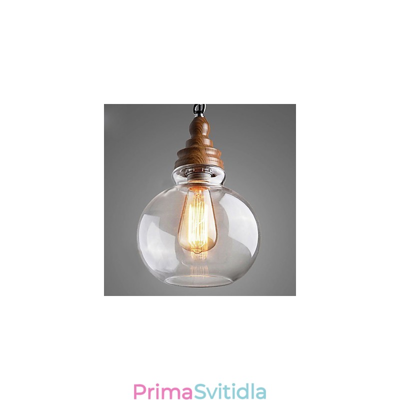 Vintage dřevěné závěsné svítidlo s kulatou křišťálovou koulí (průměr 19 cm)