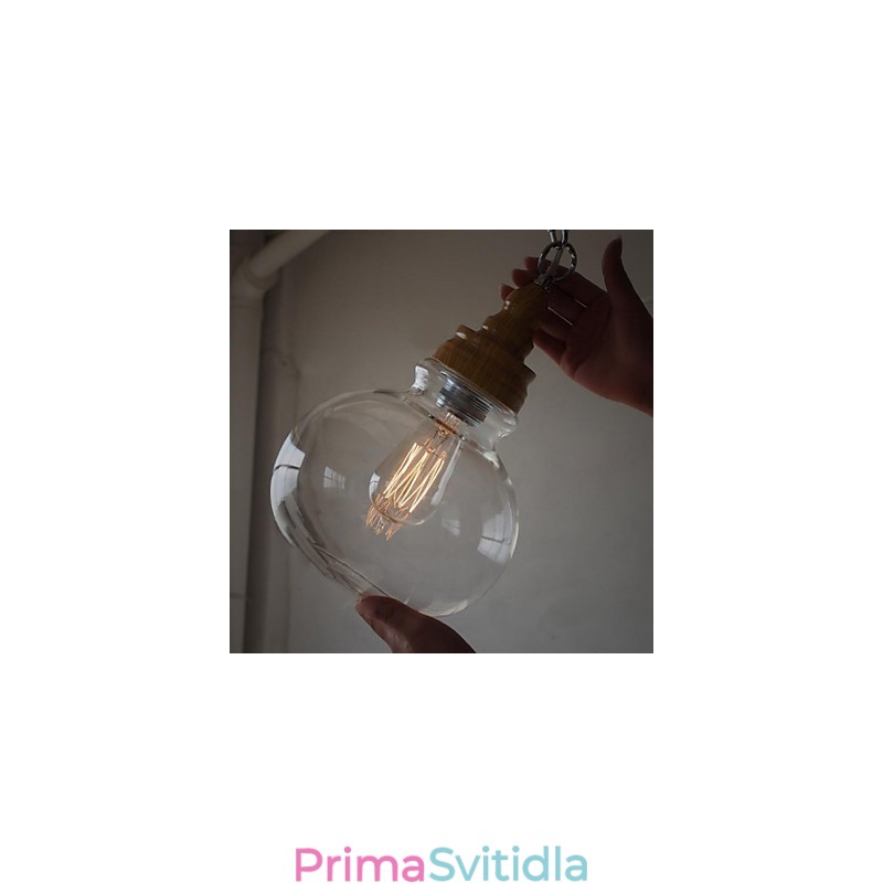 Vintage dřevěné závěsné svítidlo s kulatou křišťálovou koulí (průměr 19 cm)