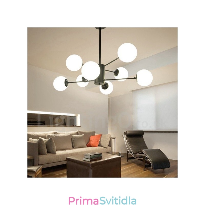 Černý 8 lehký moderní současný 2patrový kovový lustr se skleněným stínidlem