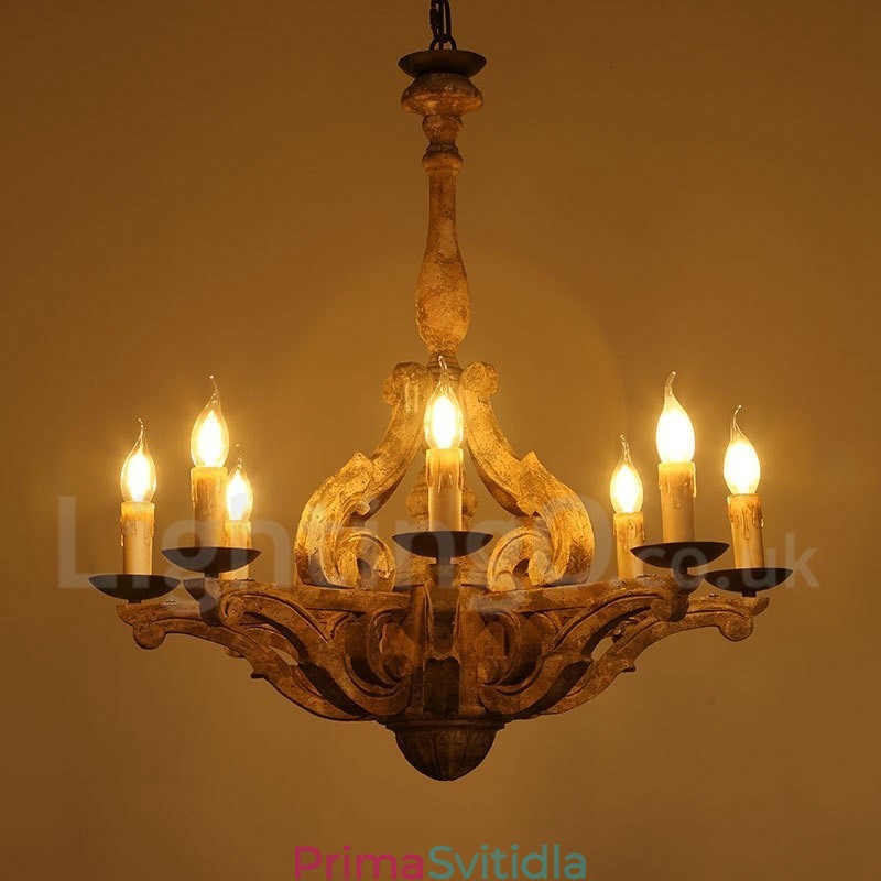 8 Light Vintage Retro dřevěná lustrová lampa Light