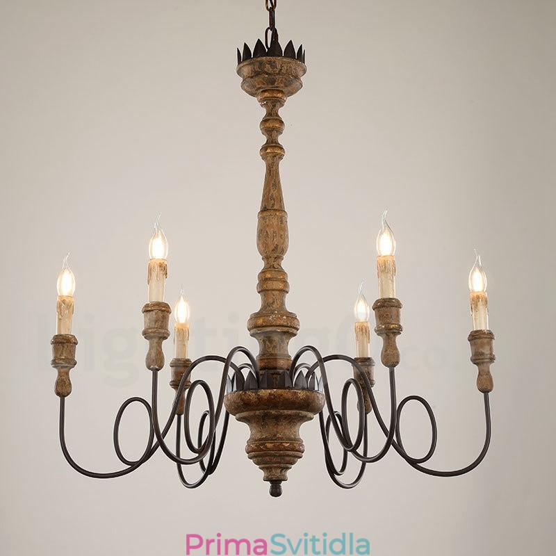 Country Vintage Wooden 6 Light Lustr Light