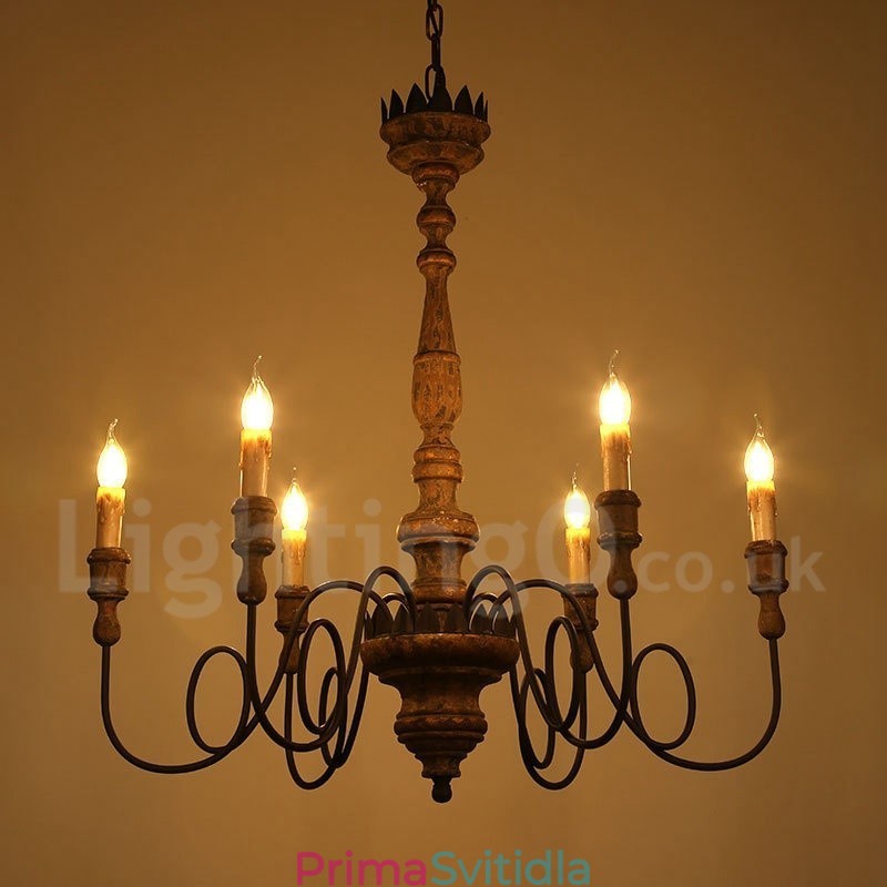 Country Vintage Wooden 6 Light Lustr Light