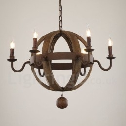 Country Vintage dřevěná lustrová lampa se 6 světly