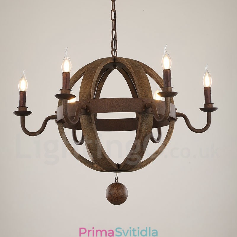 Country Vintage dřevěná lustrová lampa se 6 světly