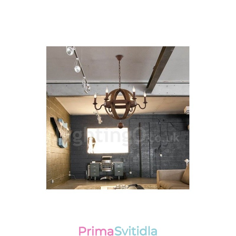 Country Vintage dřevěná lustrová lampa se 6 světly