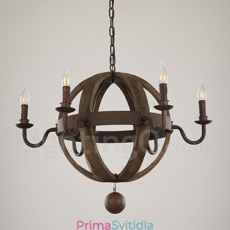 Country Vintage dřevěná lustrová lampa se 6 světly