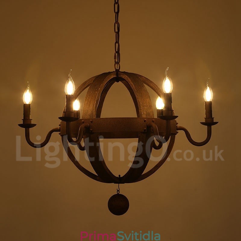 Country Vintage dřevěná lustrová lampa se 6 světly