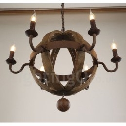 Country Vintage dřevěná lustrová lampa se 6 světly