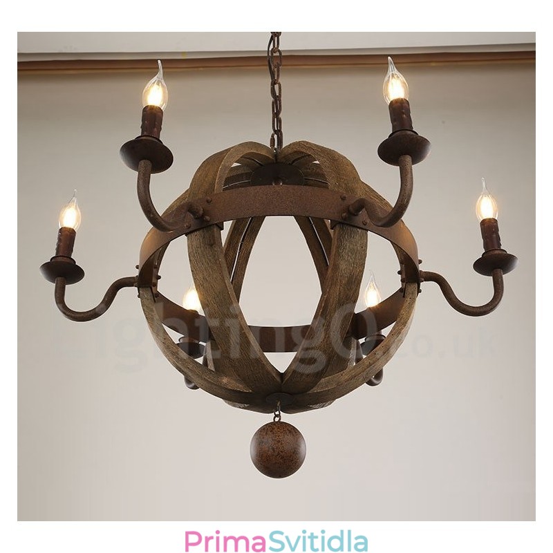 Country Vintage dřevěná lustrová lampa se 6 světly
