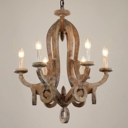 Country Wooden Vintage 6 Light Jednopatrový lustr Světlá dřevěná lampa