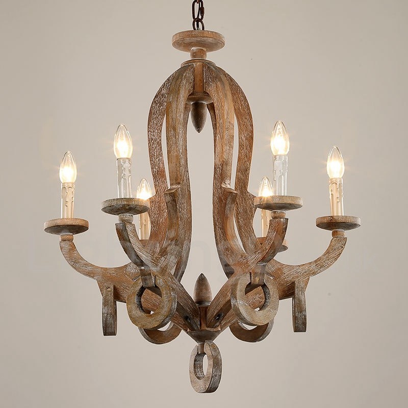 Country Wooden Vintage 6 Light Jednopatrový lustr Světlá dřevěná lampa