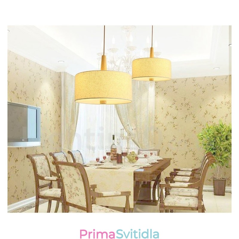 Dřevěné moderní moderní závěsné svítidlo na buben s látkovým stínidlem