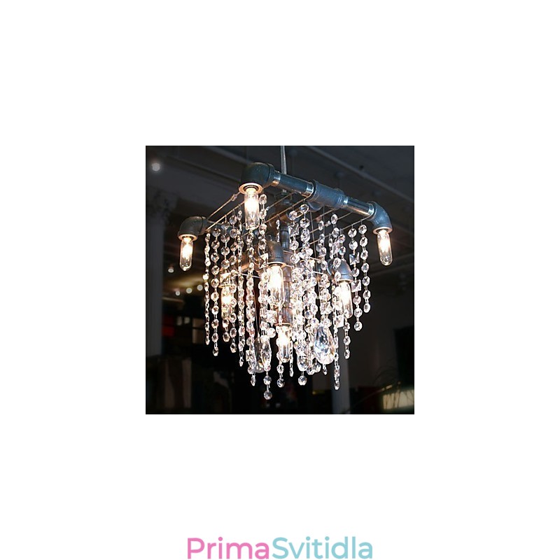 Křišťálový 9 světelný lustr v designu potrubí charakteristický pro severoamerický styl