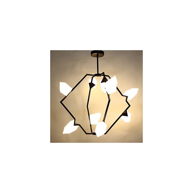 Devět světelných sloupků moderního kovu se skleněnou broskvovou lustrovou lampou zdobí závěsnou lampu jídelny