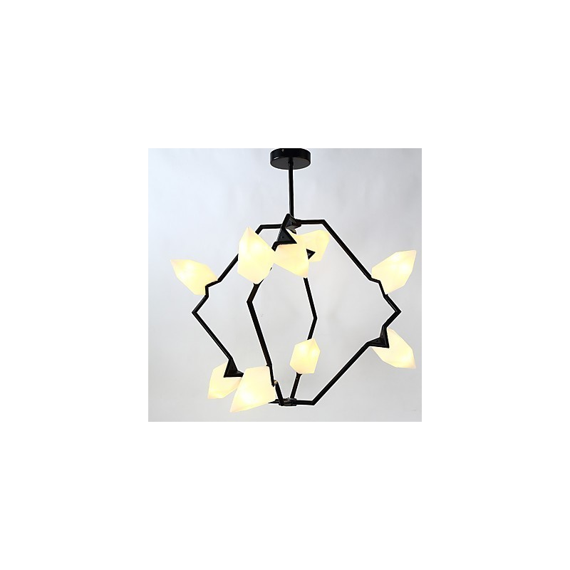 Devět světelných sloupků moderního kovu se skleněnou broskvovou lustrovou lampou zdobí závěsnou lampu jídelny