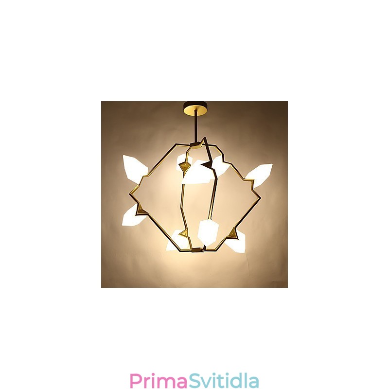 Devět světelných sloupků moderního kovu se skleněnou broskvovou lustrovou lampou zdobí závěsnou lampu jídelny