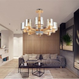 8 Lustr ze světlého dřeva Moderní současný severský styl se skleněným stínidlem