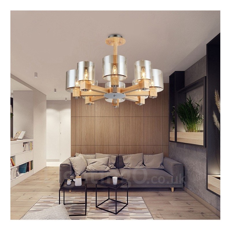 8 Lustr ze světlého dřeva Moderní současný severský styl se skleněným stínidlem