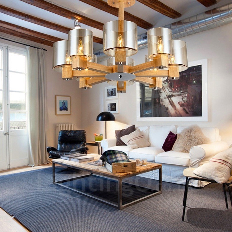 8 Lustr ze světlého dřeva Moderní současný severský styl se skleněným stínidlem