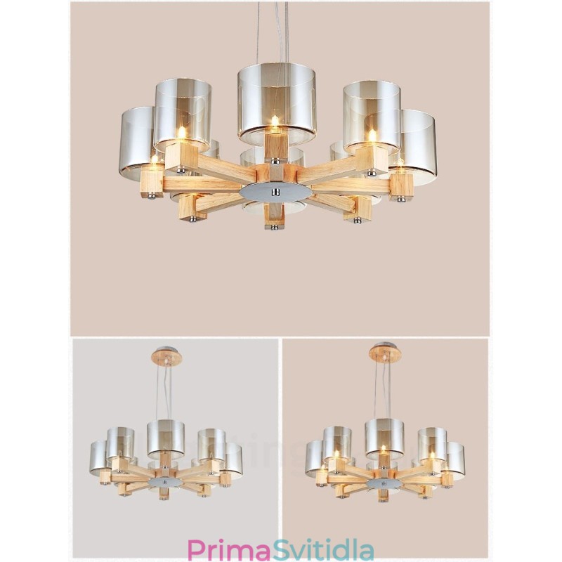 8 Světlé dřevo Moderní moderní závěsné svítidlo v severském stylu se skleněným stínidlem