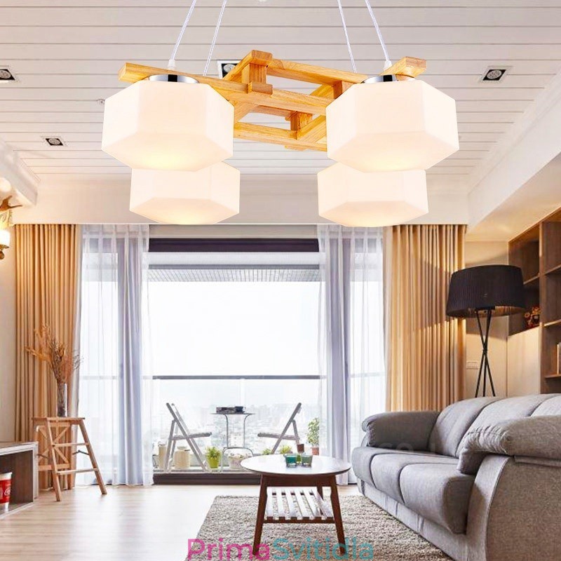 4 Závěsné svítidlo ze světlého dřeva Moderní moderní severský styl se skleněným stínidlem
