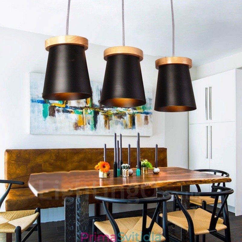3 Závěsné svítidlo ze světlého dřeva Moderní moderní severský styl s železným stínidlem
