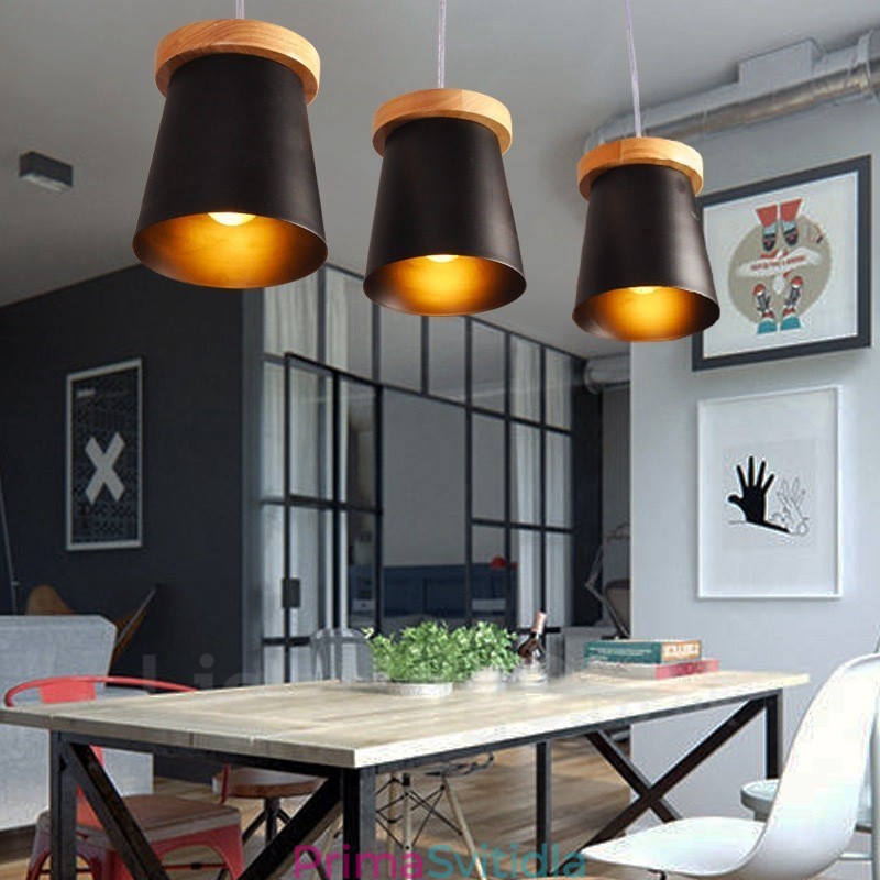 3 Závěsné svítidlo ze světlého dřeva Moderní moderní severský styl s železným stínidlem