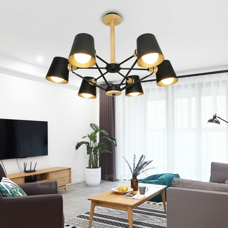 6 Závěsné svítidlo ze světlého dřeva Moderní moderní severský styl s železným stínidlem
