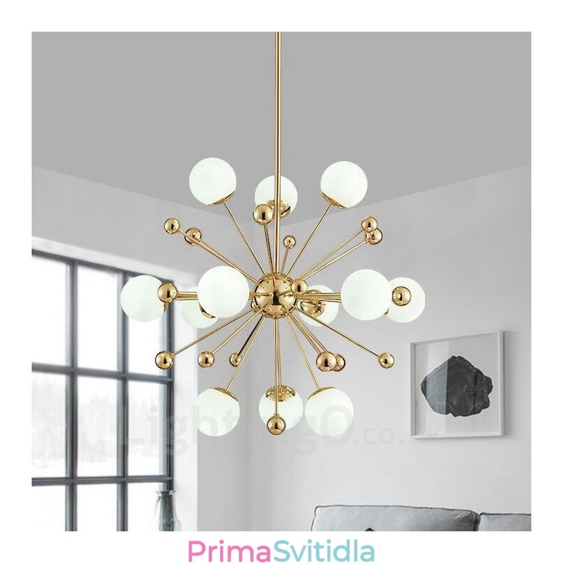 12 světlých moderních současných stropních svítidel Měděný lustr s bílým kuličkovým skleněným stínidlem