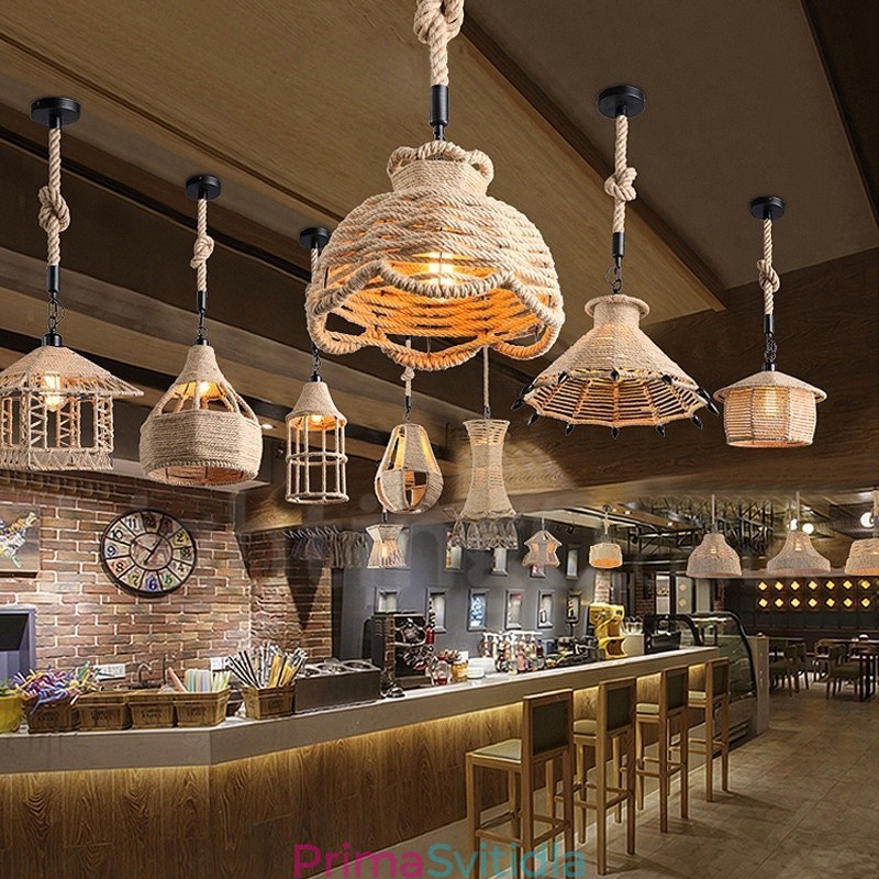 1 Light Rustic Lodge Pendant Light Cafe Konopné provazové závěsné svítidlo