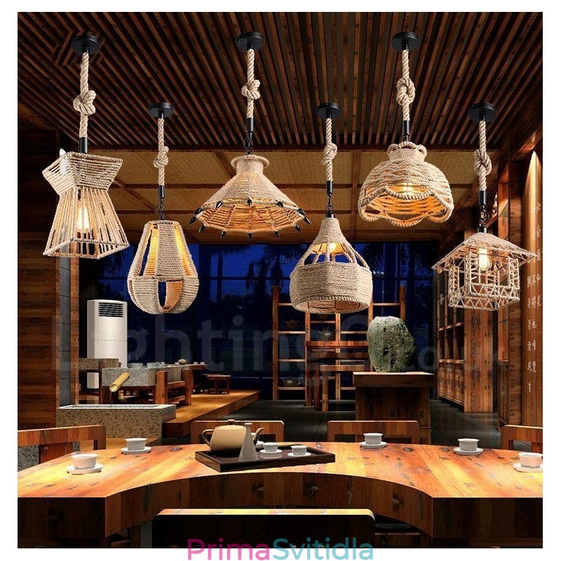 1 Light Rustic Lodge Pendant Light Cafe Konopné provazové závěsné svítidlo