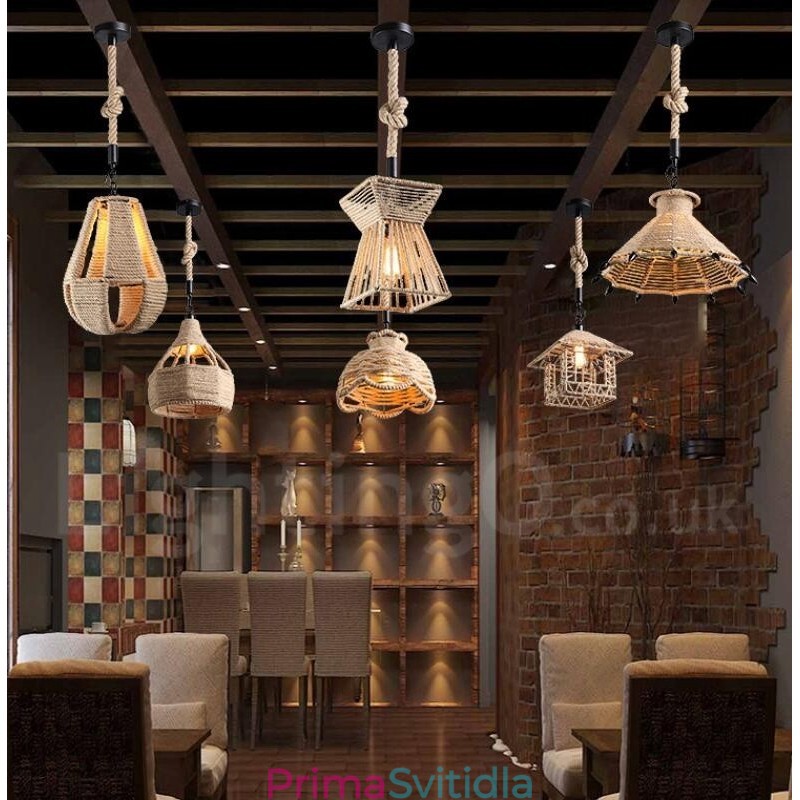 1 Light Rustic Lodge Pendant Light Cafe Konopné provazové závěsné svítidlo