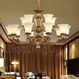 15 Light Retro Tradiční Zinkový luxusní lustr ve vstupní hale se skleněným stínidlem
