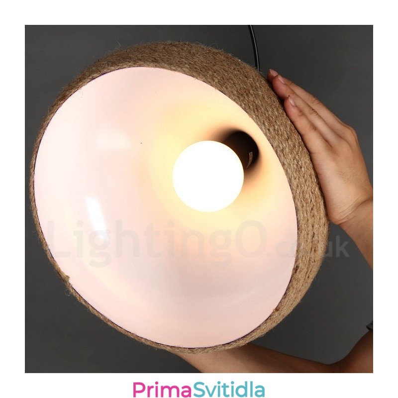 1 Světlý retro rustikální přívěsek z konopného lana se stínítkem z konopného lana