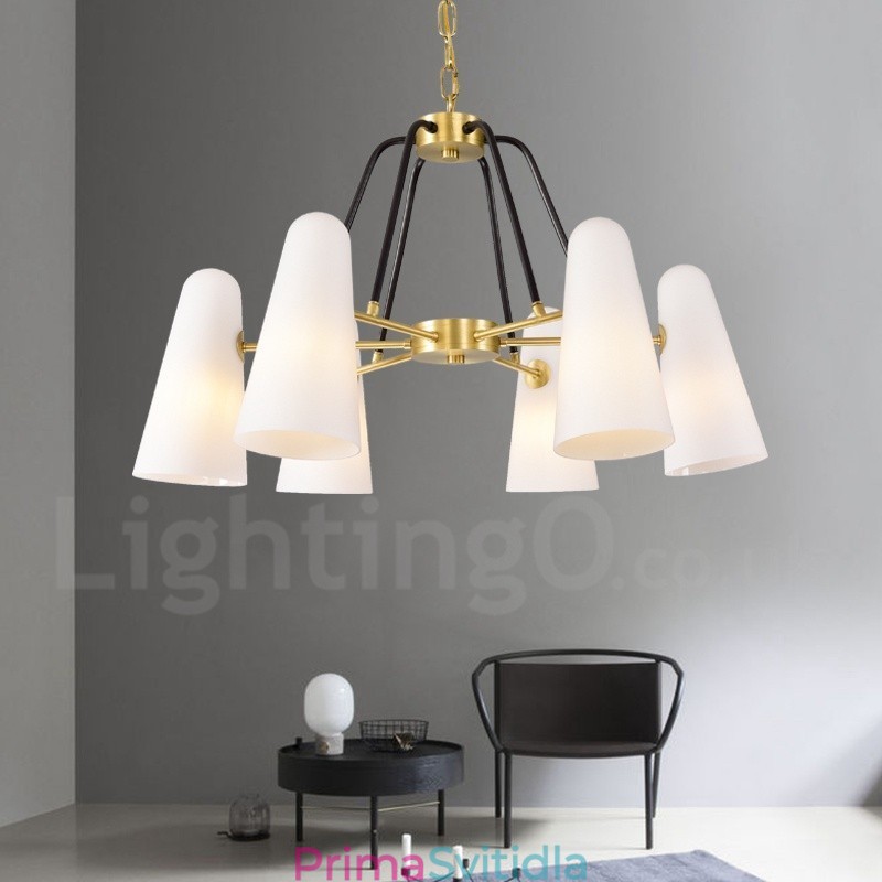6 Light Retro Rustikální luxusní mosazný závěsný lustr se skleněným stínidlem