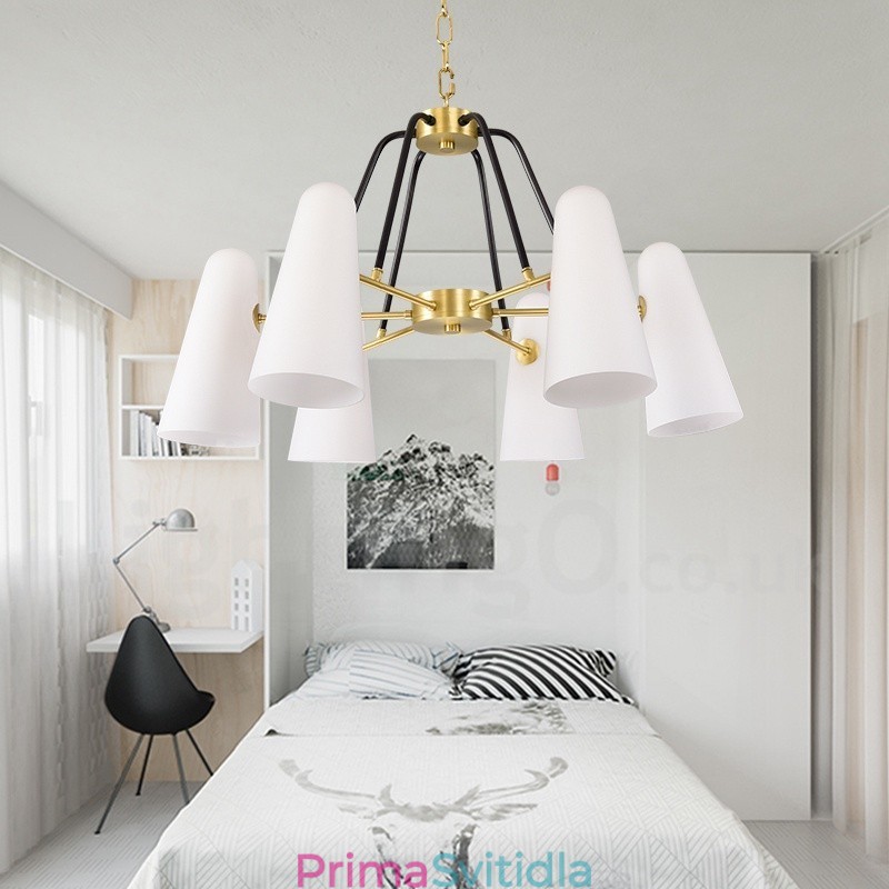 6 Light Retro Rustikální luxusní mosazný závěsný lustr se skleněným stínidlem