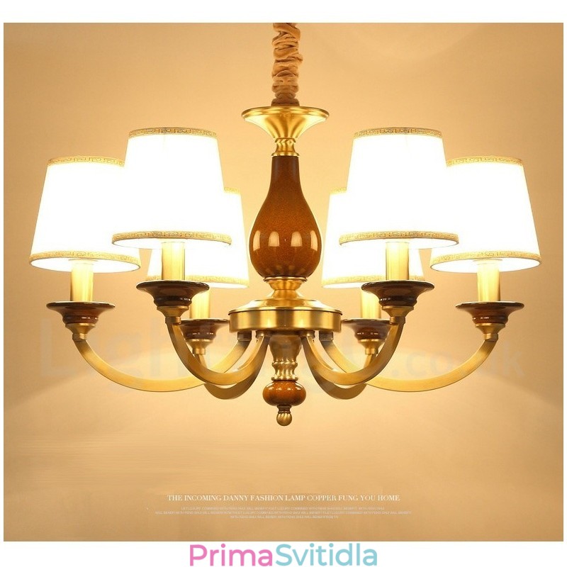 6 Light Retro Rustikální luxusní mosazný závěsný lustr se skleněným stínidlem
