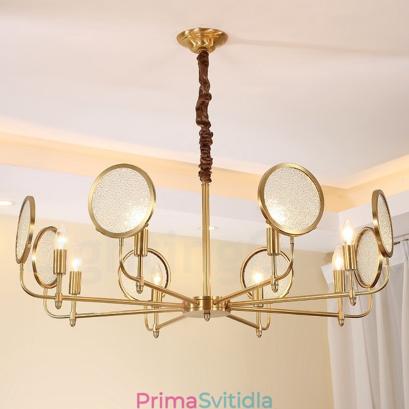 8 Light Retro Rustikální luxusní mosazný závěsný lustr se skleněným stínidlem