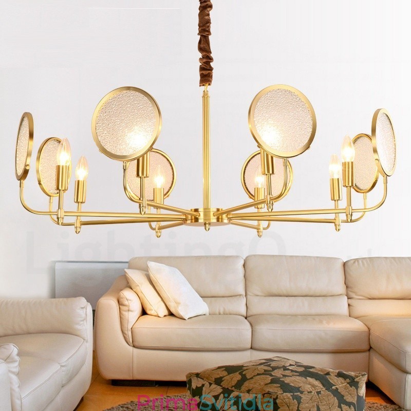 8 Light Retro Rustikální luxusní mosazný závěsný lustr se skleněným stínidlem