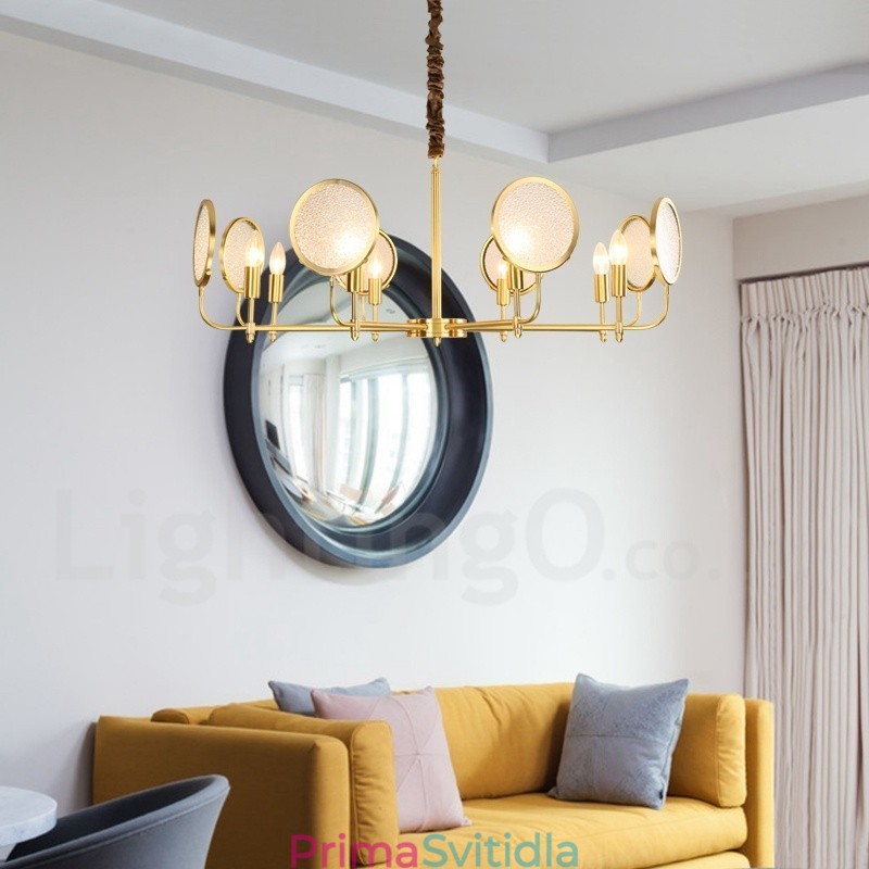 8 Light Retro Rustikální luxusní mosazný závěsný lustr se skleněným stínidlem