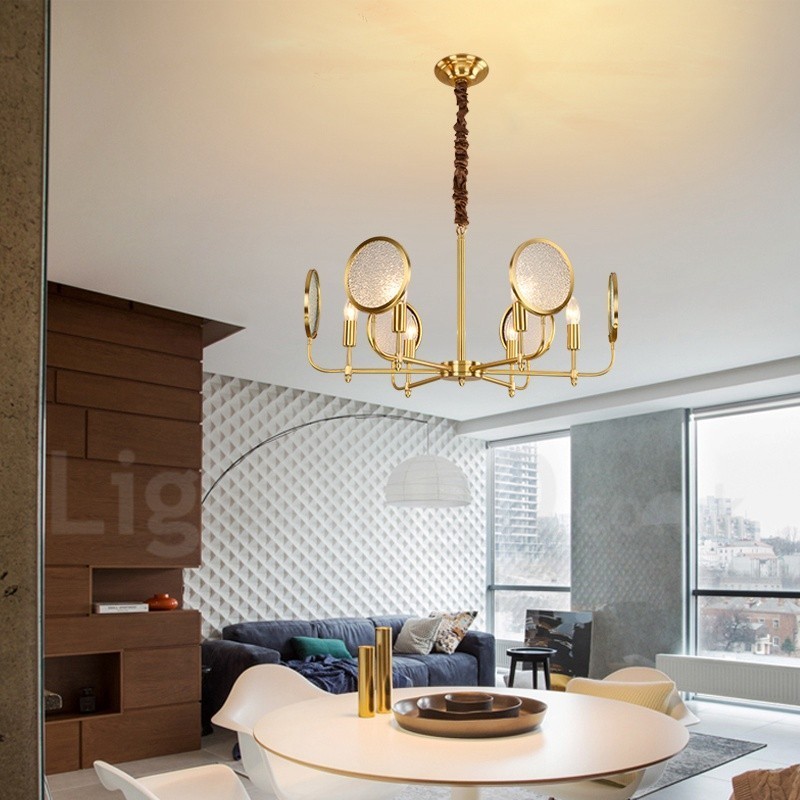 6 Light Retro Rustikální luxusní mosazný závěsný lustr se skleněným stínidlem