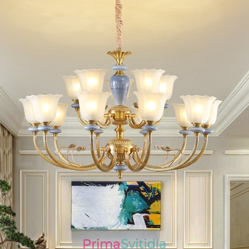 15 Light Retro Rustikální luxusní mosazný závěsný lustr se skleněným stínidlem