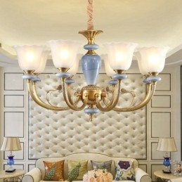 8 Light Retro Rustikální luxusní mosazný závěsný lustr se skleněným stínidlem