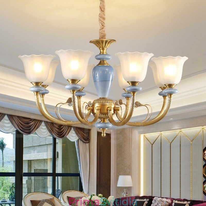 8 Light Retro Rustikální luxusní mosazný závěsný lustr se skleněným stínidlem