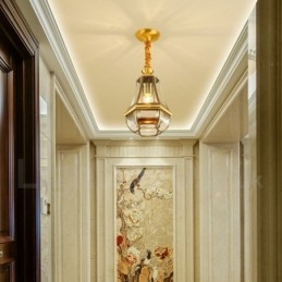 1 Lehký retro rustikální luxusní mosazný závěsný lustr se skleněným stínidlem