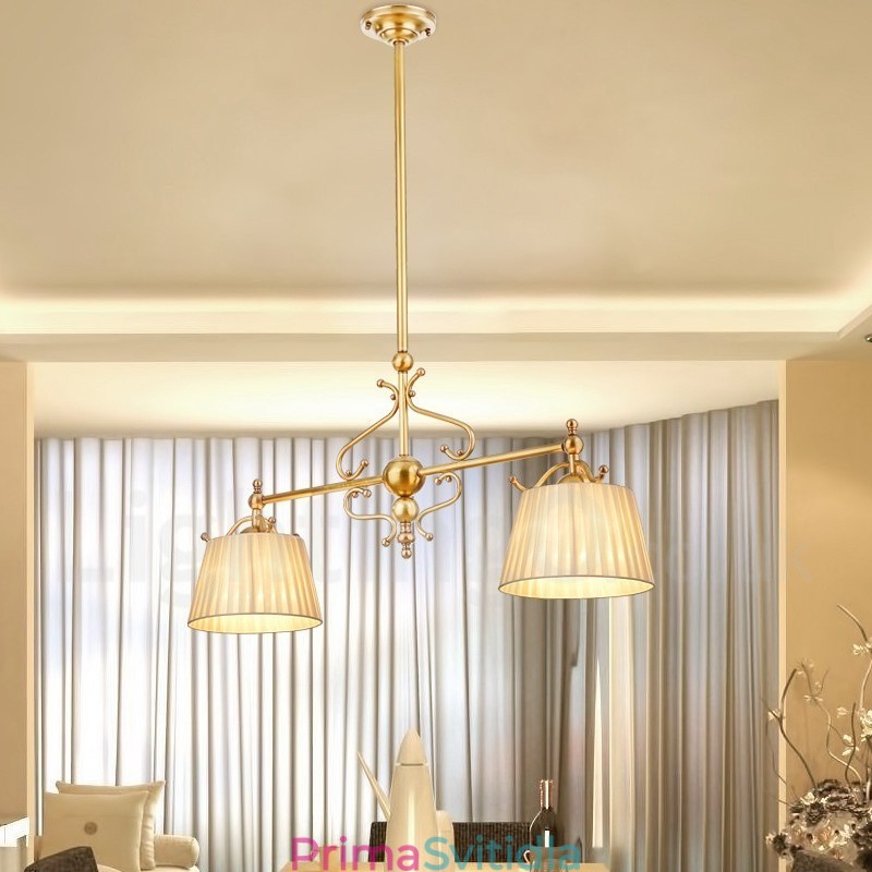 2 Light Retro Rustikální luxusní mosazný závěsný lustr s látkovým stínidlem