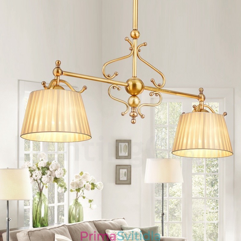 2 Light Retro Rustikální luxusní mosazný závěsný lustr s látkovým stínidlem