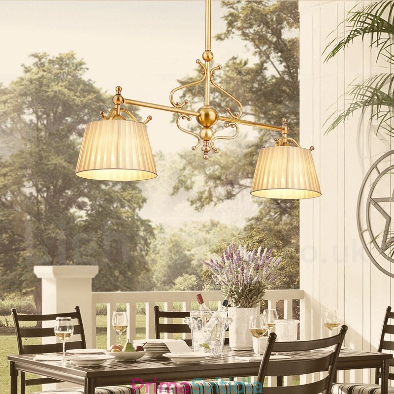 2 Light Retro Rustikální luxusní mosazný závěsný lustr s látkovým stínidlem